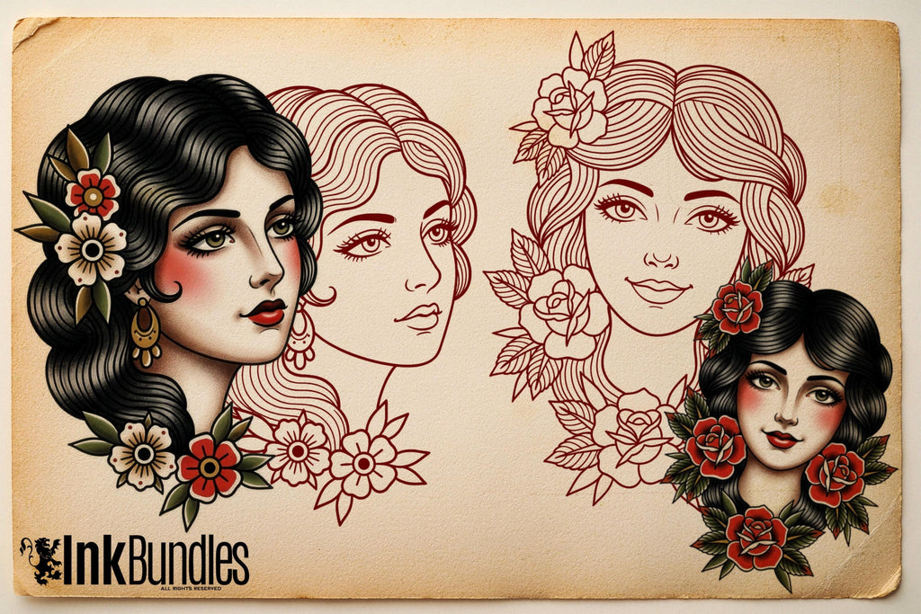 250+ Traditional Tattoo Lady Creator for Procreate | Old School Flash Stencils, DIY Assets & Brushset