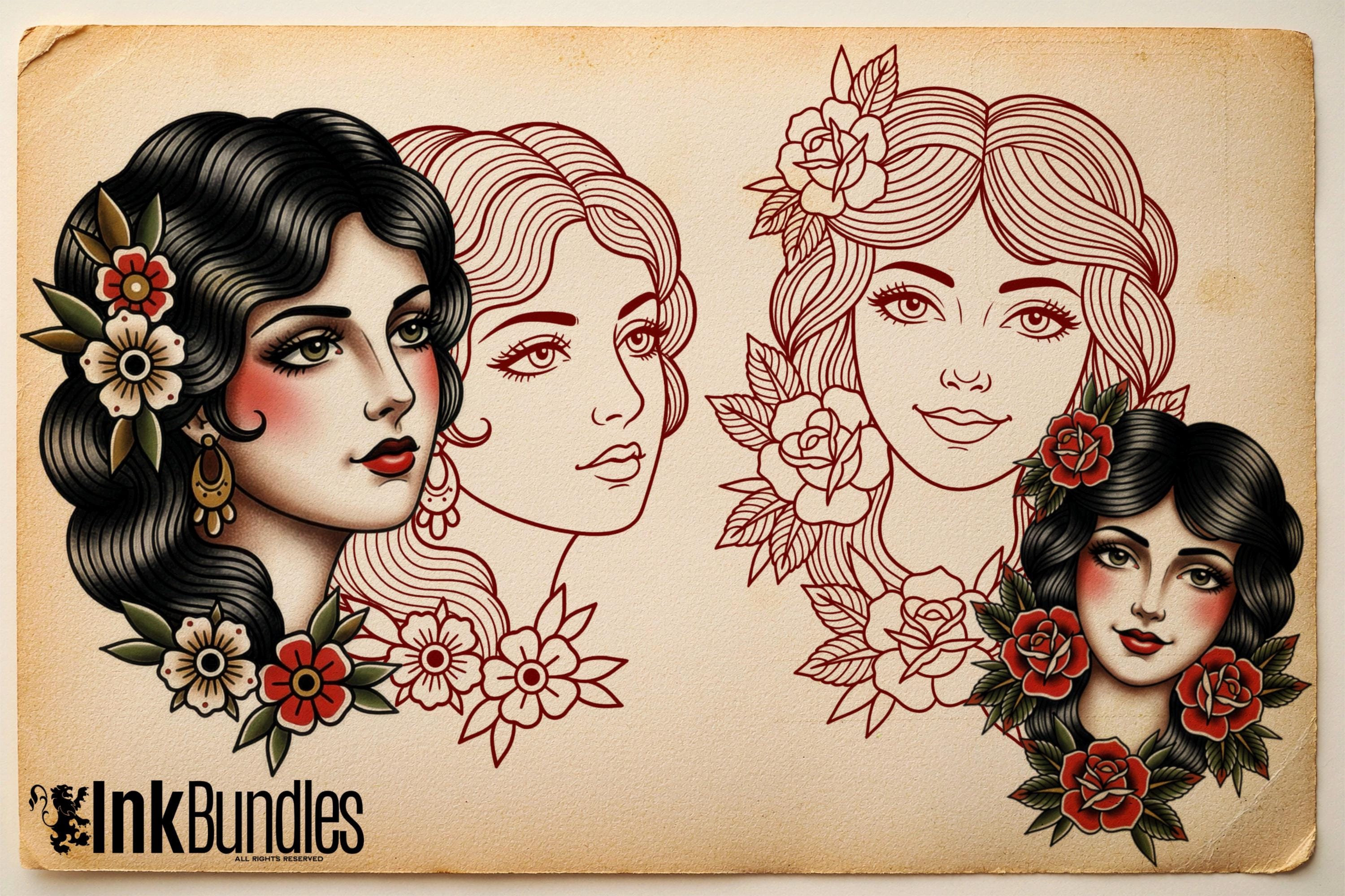 250+ Traditional Tattoo Lady Creator for Procreate | Old School Flash Stencils, DIY Assets & Brushset