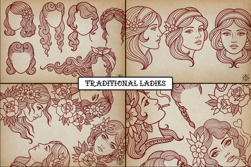 250+ Traditional Tattoo Lady Creator for Procreate | Old School Flash Stencils, DIY Assets & Brushset