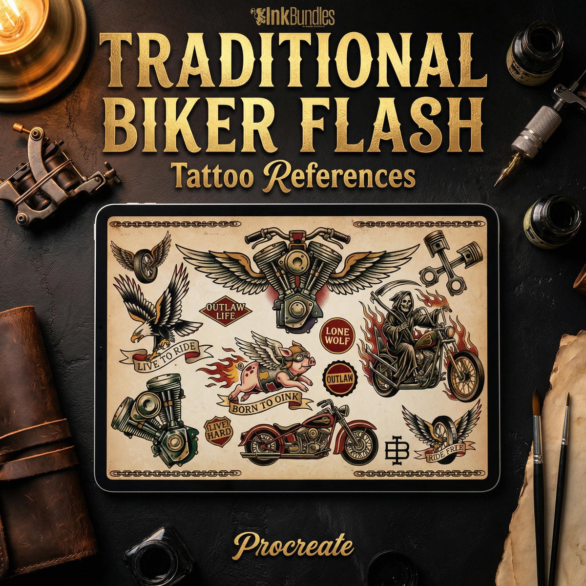 Traditional Biker Tattoo Stencils – Procreate Stamps
