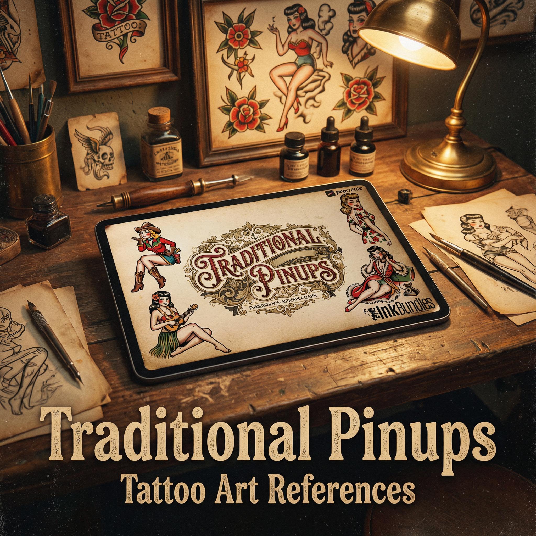 Traditional Pinup Design kit - Procreate | 150+ Classic old-scool , stencils ( digital download ) Tattoo Flash Art