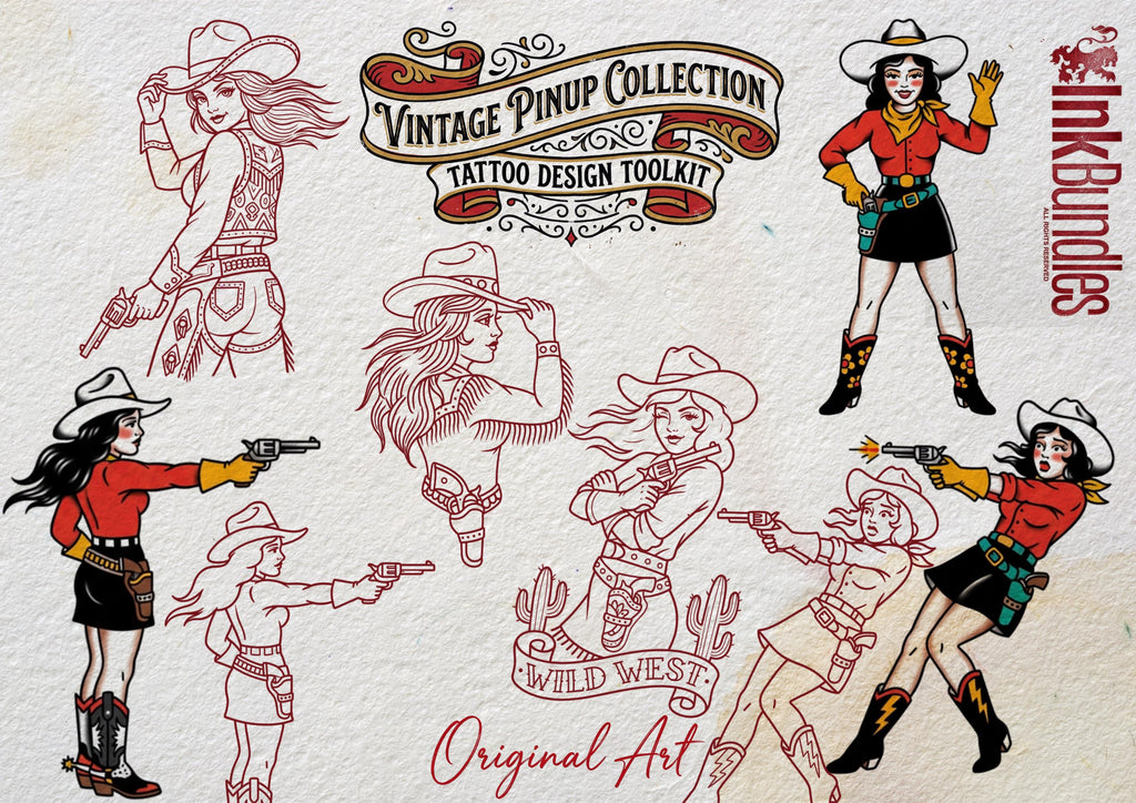 Traditional Pinup Design kit - Procreate | 150+ Classic old-scool , stencils ( digital download ) Tattoo Flash Art