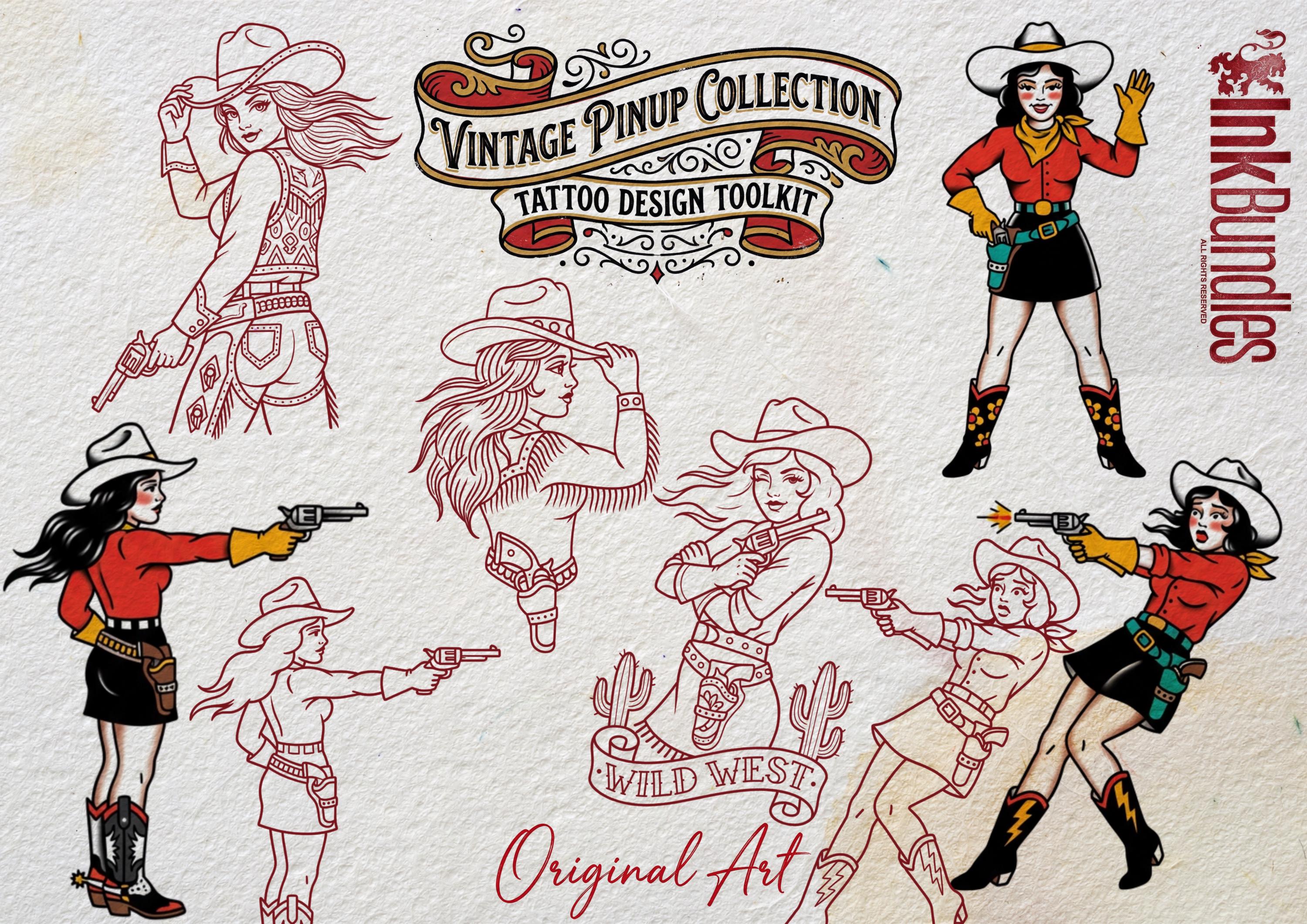 Traditional Pinup Design kit - Procreate | 150+ Classic old-scool , stencils ( digital download ) Tattoo Flash Art