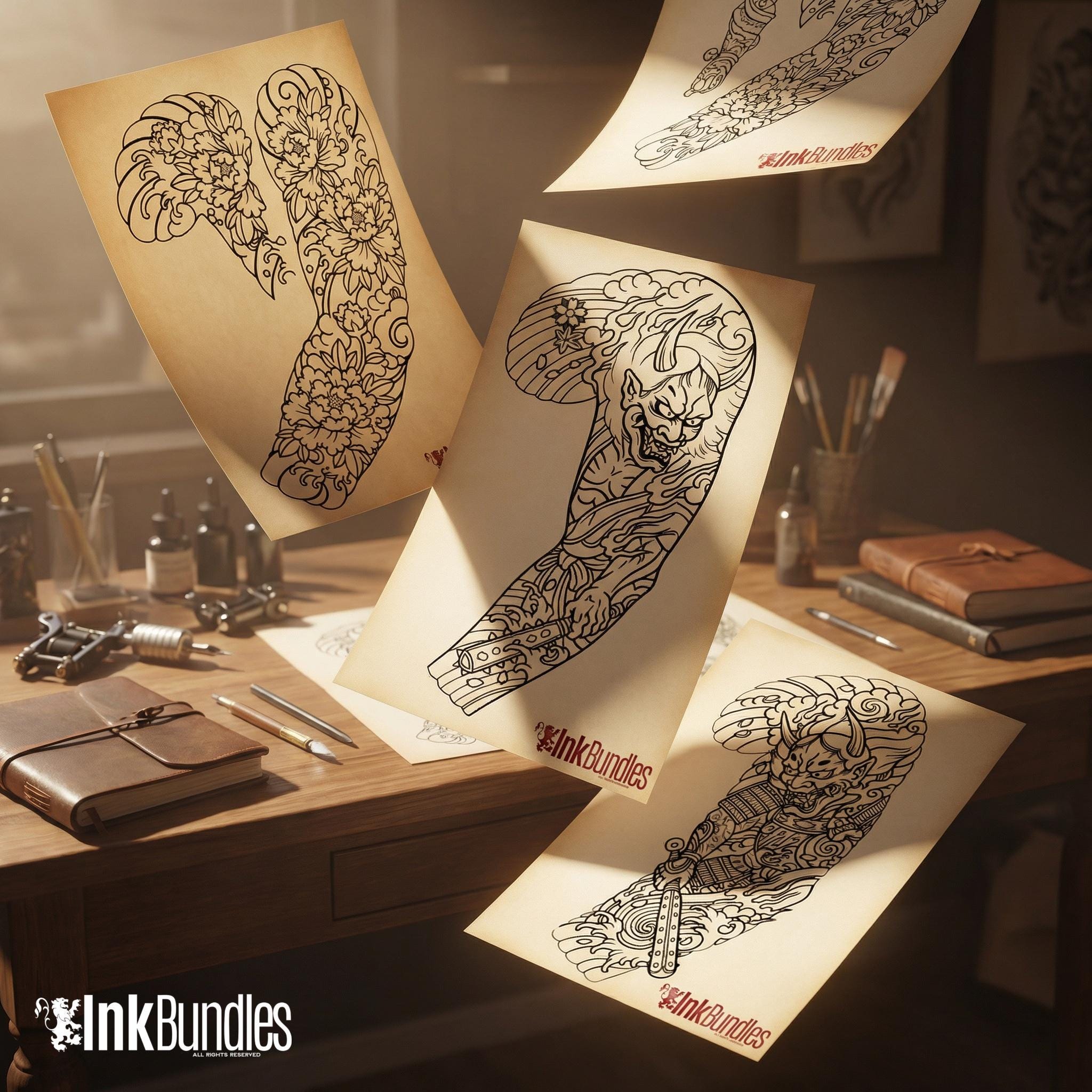 Japanese Traditional Sleeves, 4 irezumi bundles, sleeve stencils, Pdf, png & Procreate design bundle
