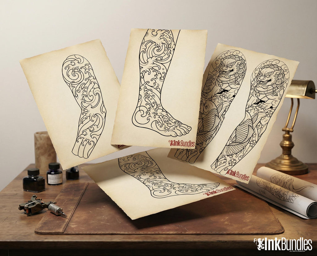 Japanese Traditional Sleeves, 4 irezumi bundles, sleeve stencils, Pdf, png & Procreate design bundle