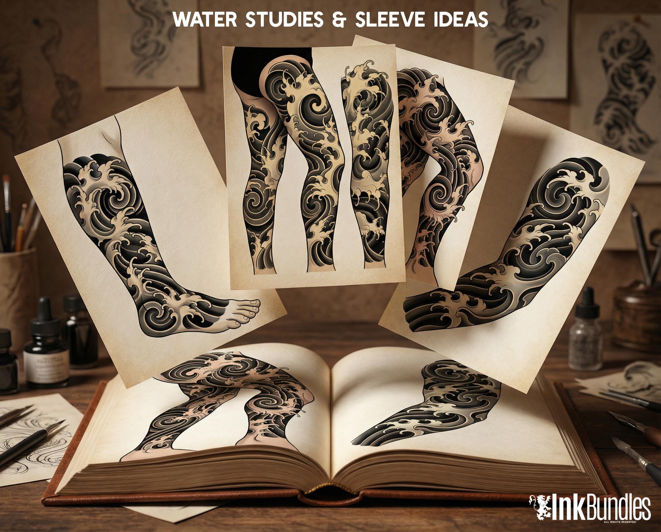 Japanese Traditional Sleeves, 4 irezumi bundles, sleeve stencils, Pdf, png & Procreate design bundle
