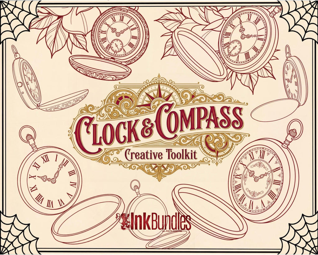 Clock Compass Procreate Brushes, Pocket Watch Tattoo Stencils, Timepiece Stamps Digital Download