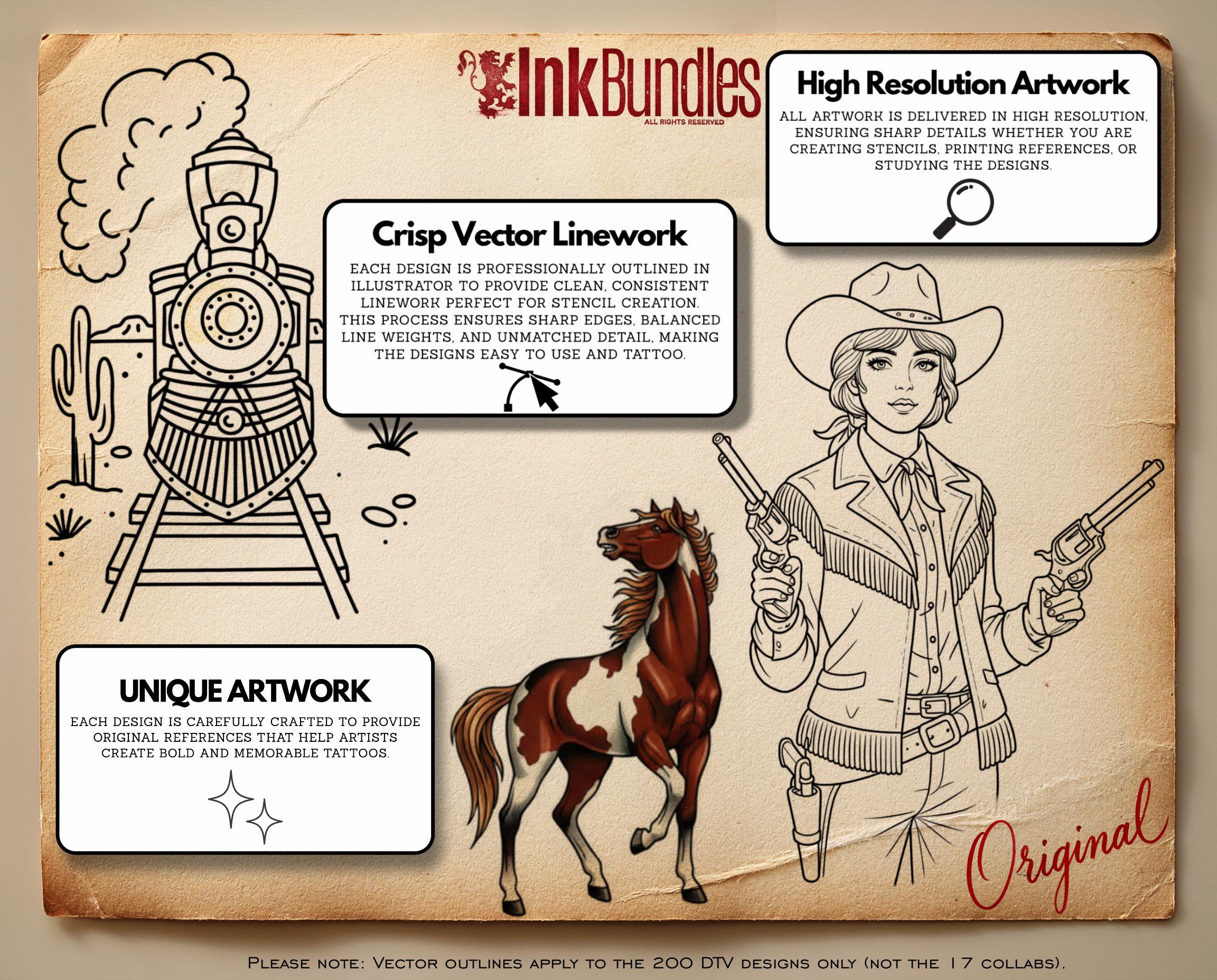 Traditional Wild Western Tattoo Design kit - Procreate & PNG | 200+ Classic Cowboy Tattoos