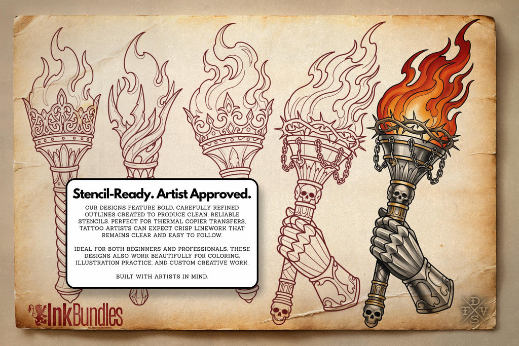Fire & Torch Tattoo Toolkit, Flame, Lamp PNG Procreate Bundle, Tattoo Flash Brushset for Artists