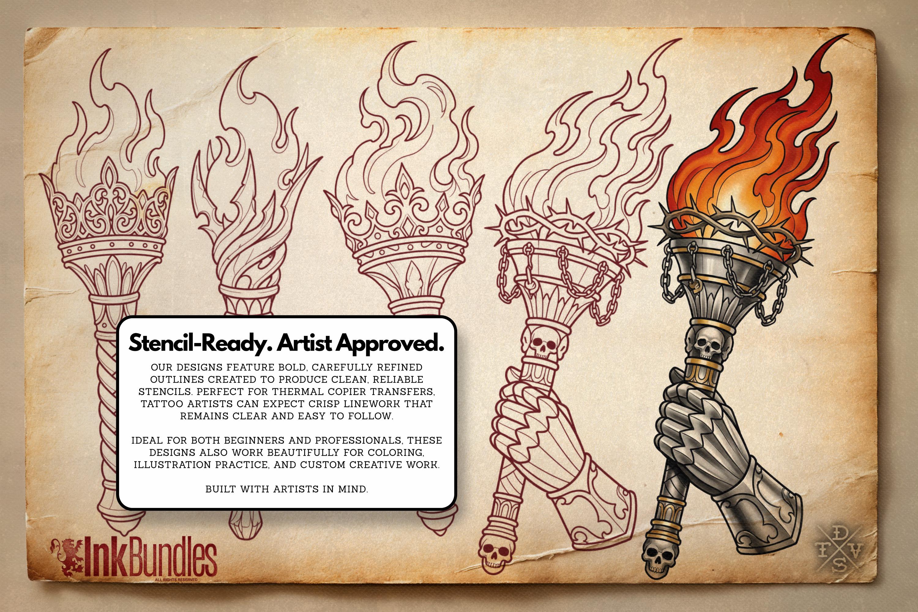 Fire & Torch Tattoo Toolkit, Flame, Lamp PNG Procreate Bundle, Tattoo Flash Brushset for Artists