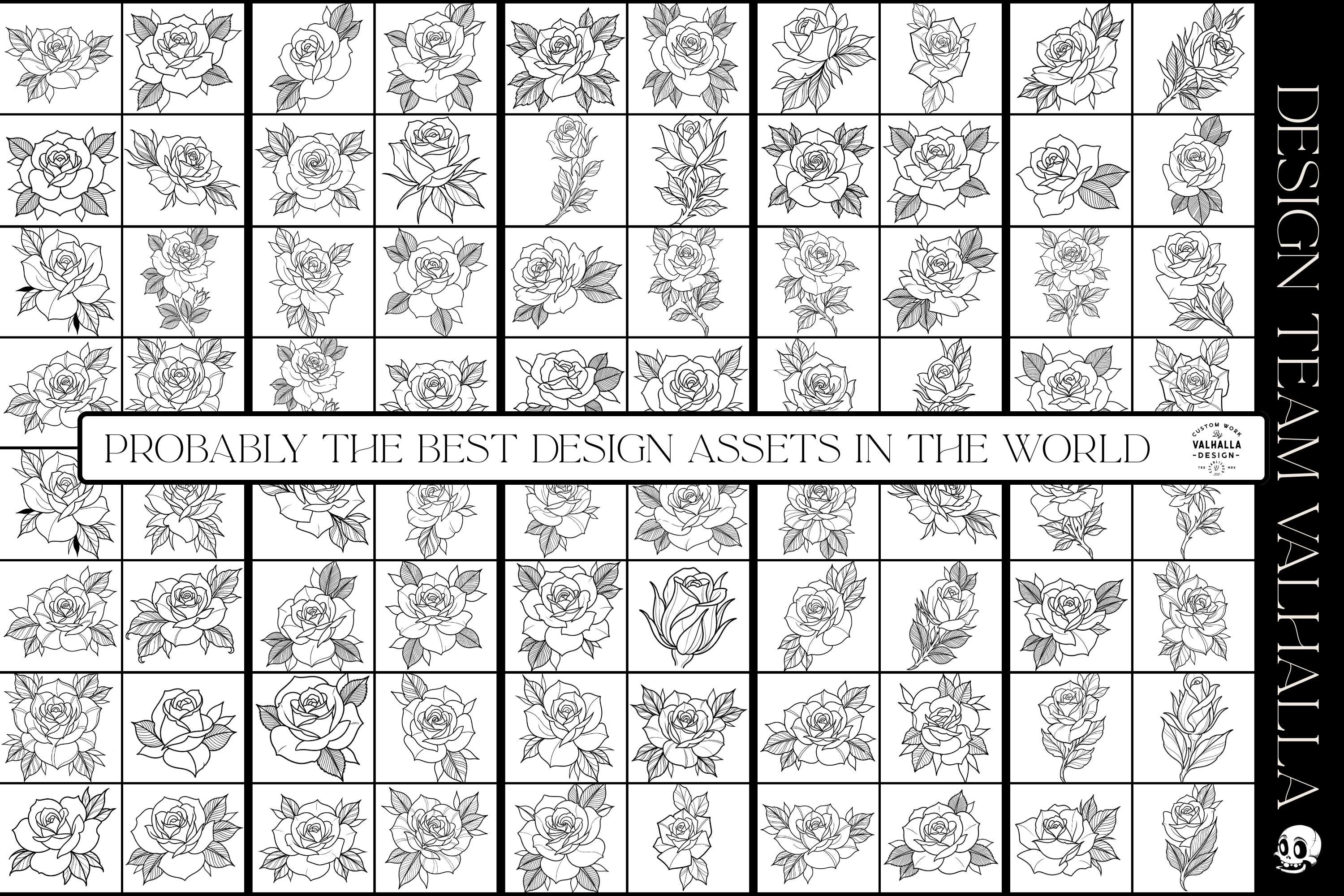Rose Tattoo Flash PDF eBook | Neo Traditional Stencils | Old School Flower References & Coloring Pages