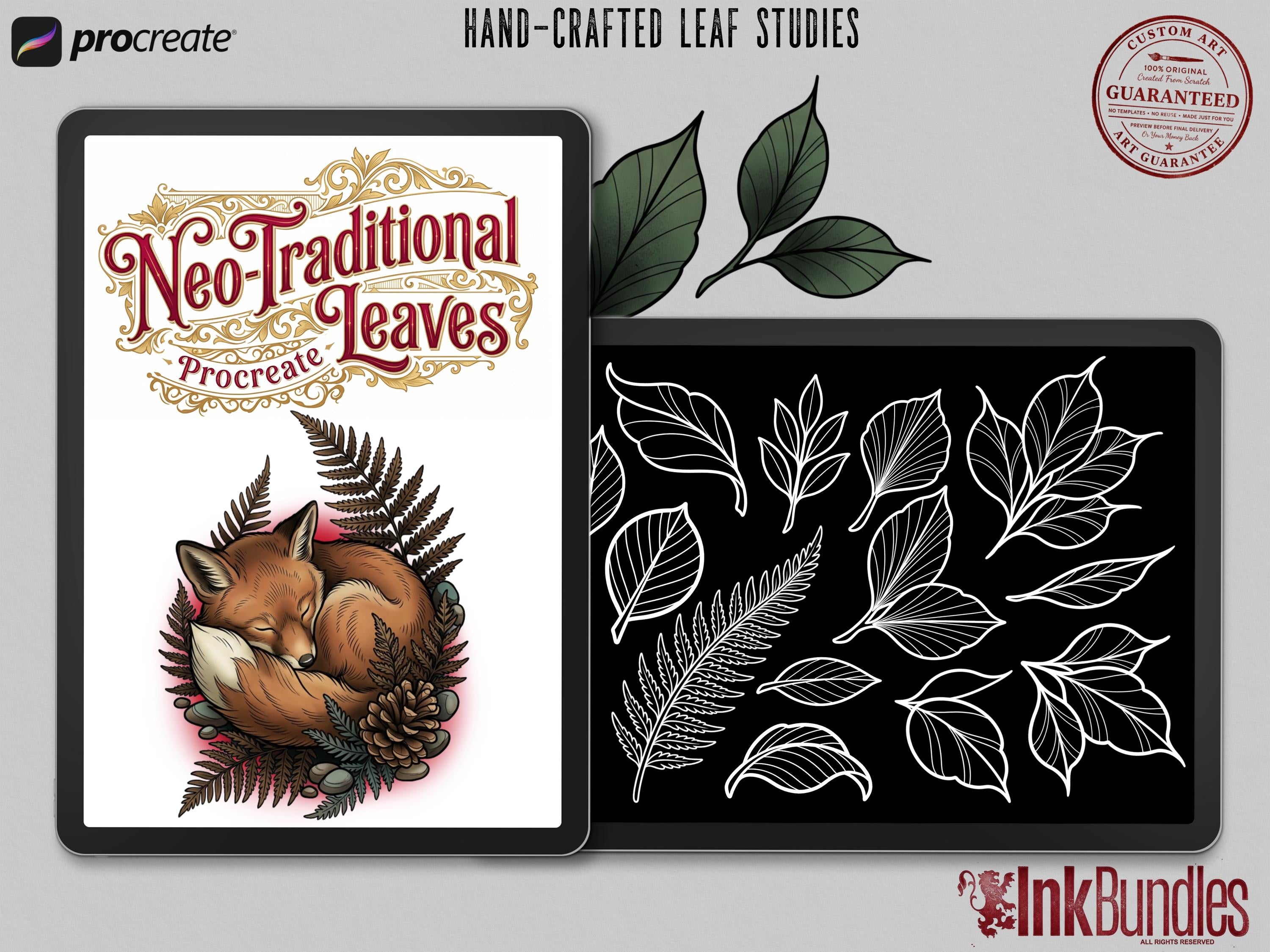 Procreate Neo traditional Fine Line Leaves, Custom Leaf Design Kit