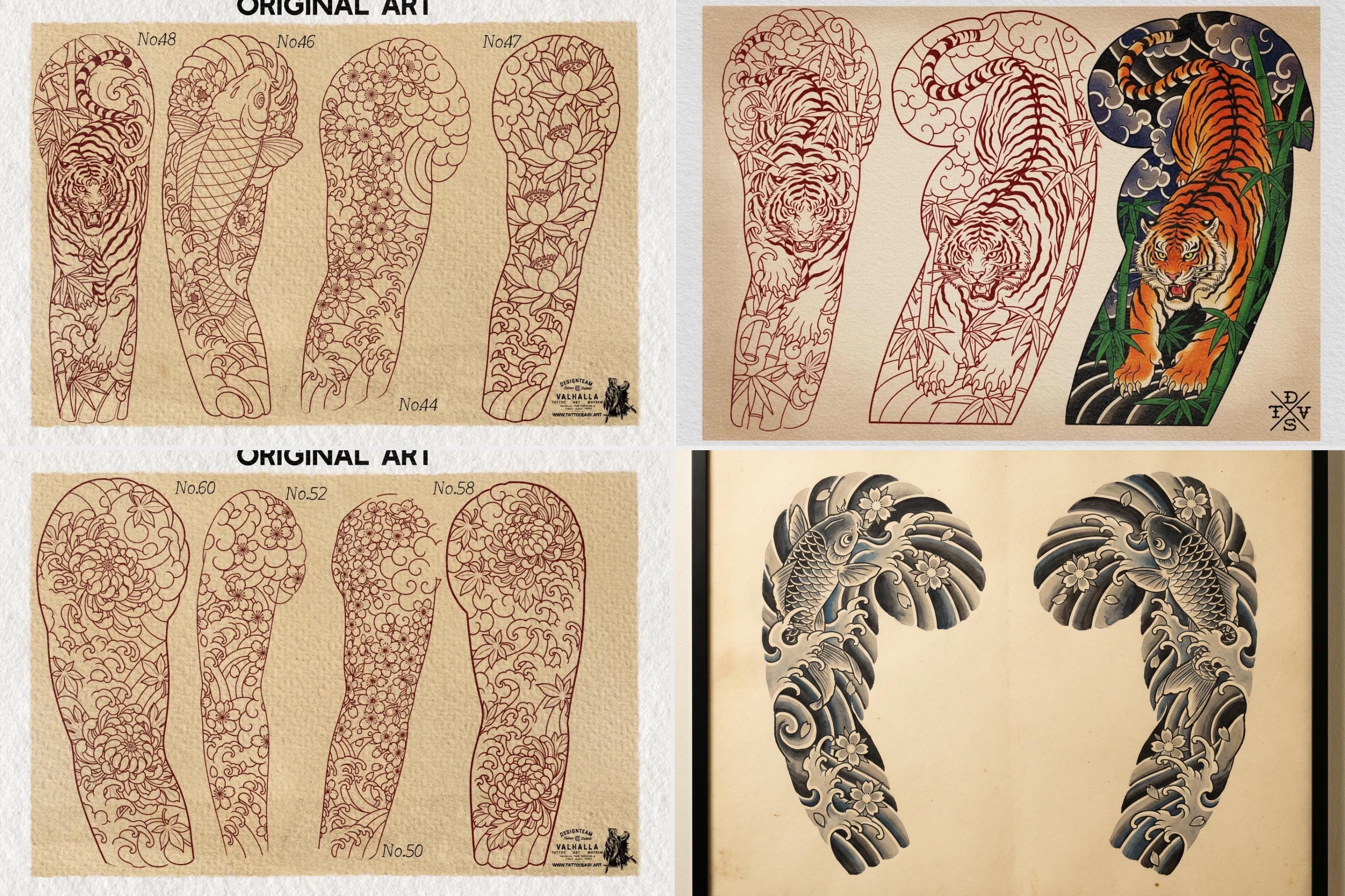 Japanese Traditional Sleeves, 4 irezumi bundles, sleeve stencils, Pdf, png & Procreate design bundle