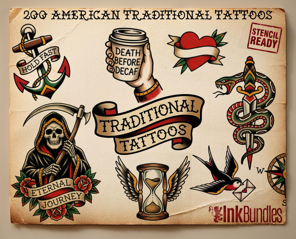 200+ American Traditional Tattoo Designs – Procreate Brushes & PNG Stencils (Digital Download)