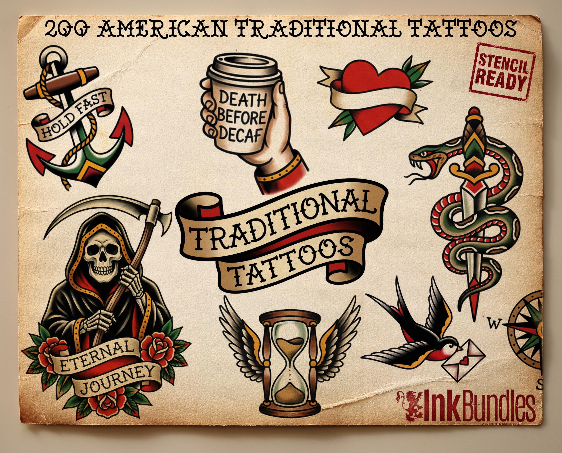 200+ American Traditional Tattoo Designs – Procreate Brushes & PNG Stencils (Digital Download)