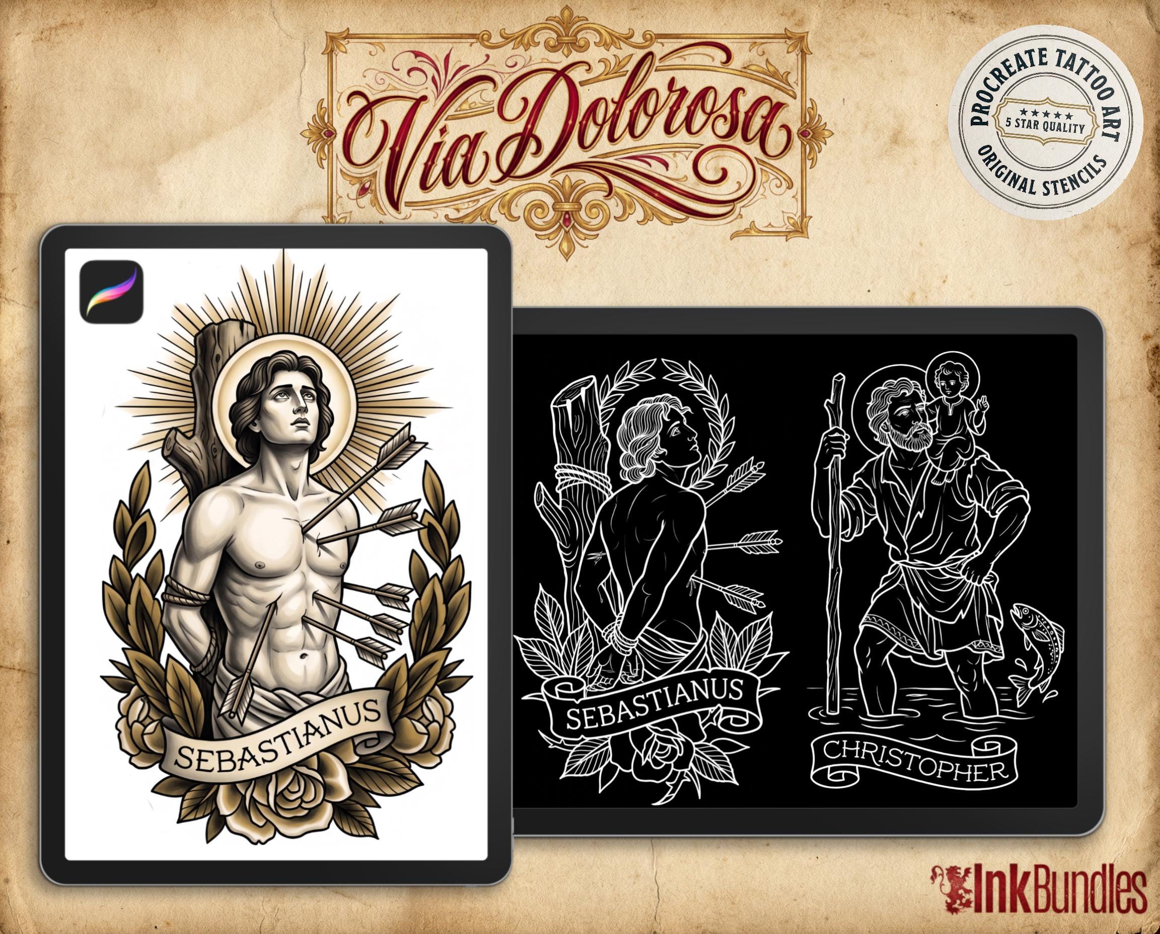Religious Designs | Procreate + PNG & Ebook| Saints | Tatto art stencils