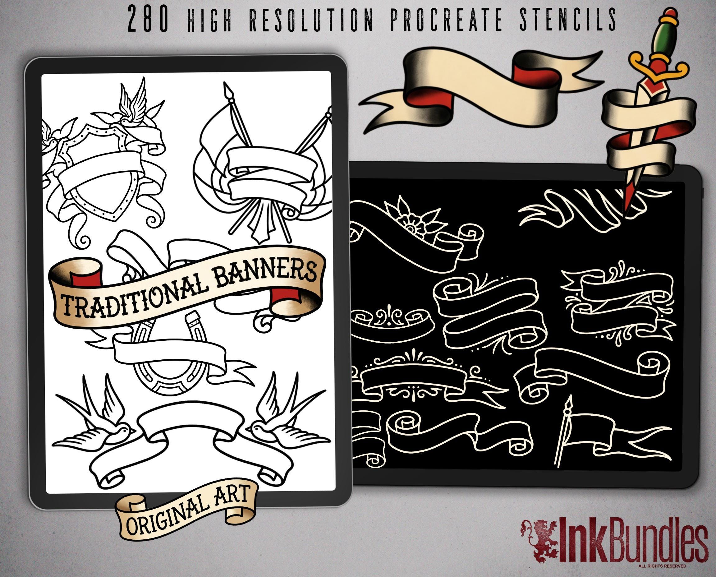Procreate 220 Banner Designs | Procreate Brushset | Traditional Banners | stencils