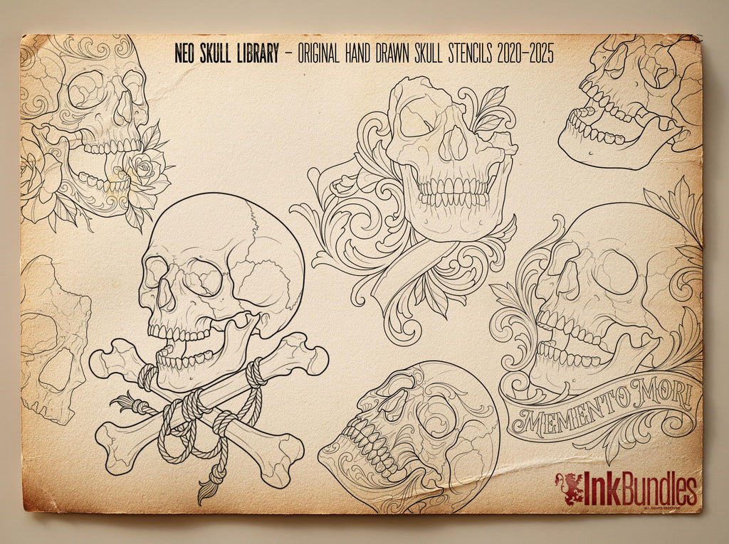 150 Neo-Traditional Skull Brushes for Procreate | Tattoo Skull Stamps, Dark Art Elements & Design Assets