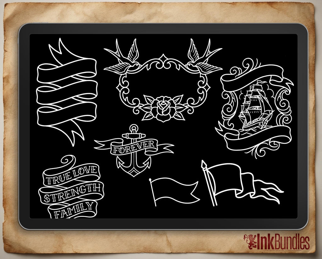 Procreate 220 Banner Designs | Procreate Brushset | Traditional Banners | stencils