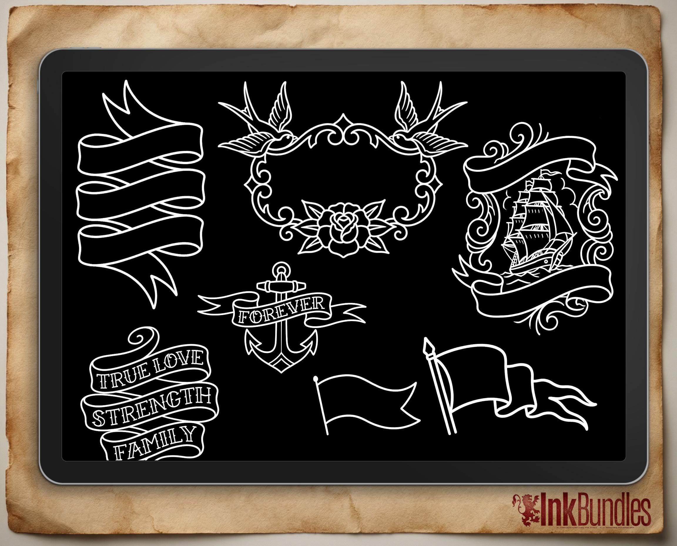 Procreate 220 Banner Designs | Procreate Brushset | Traditional Banners | stencils