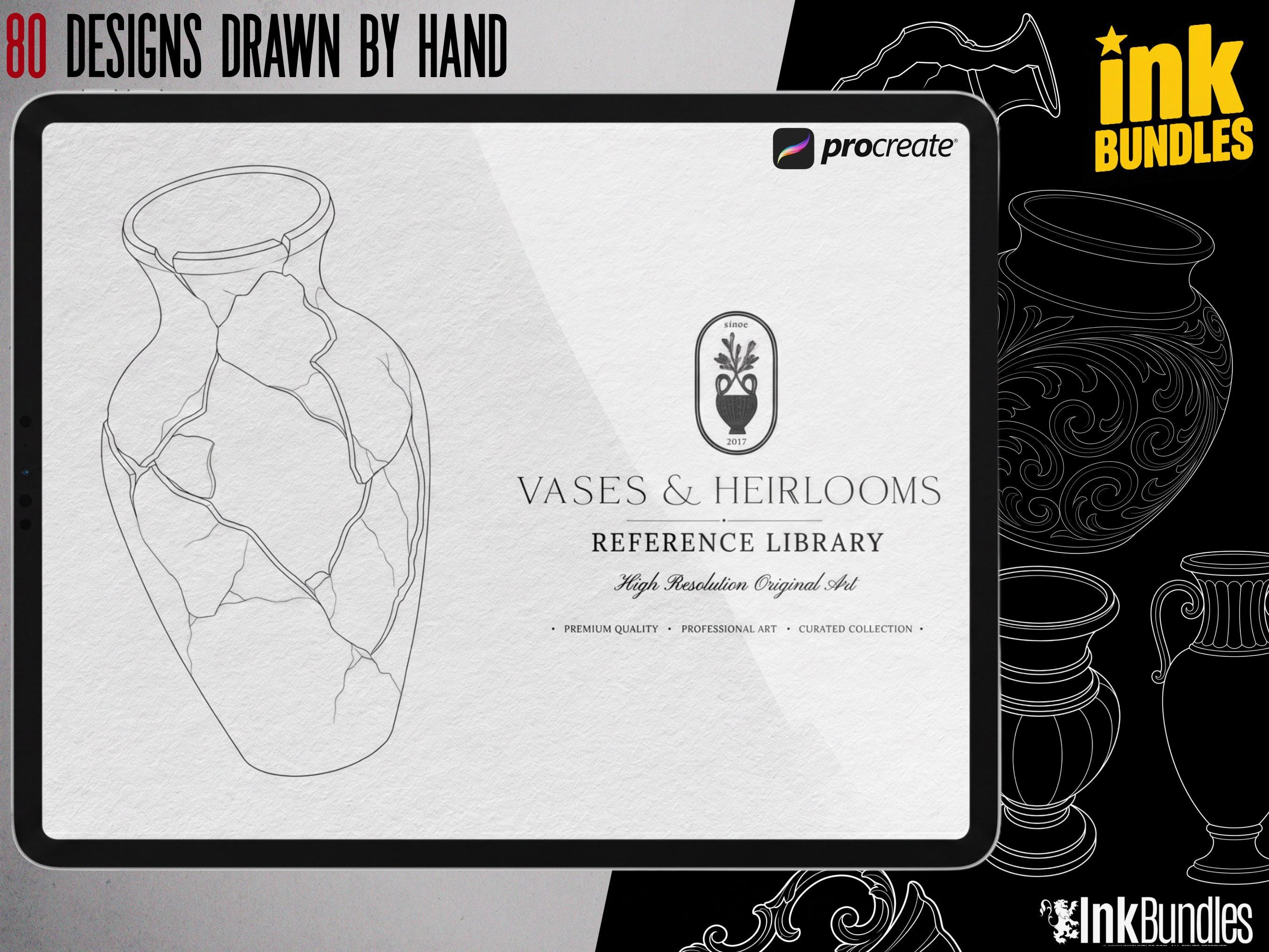 Procreate tattoo art, 35 vases drawn by hand ~ ready made tattoo templates