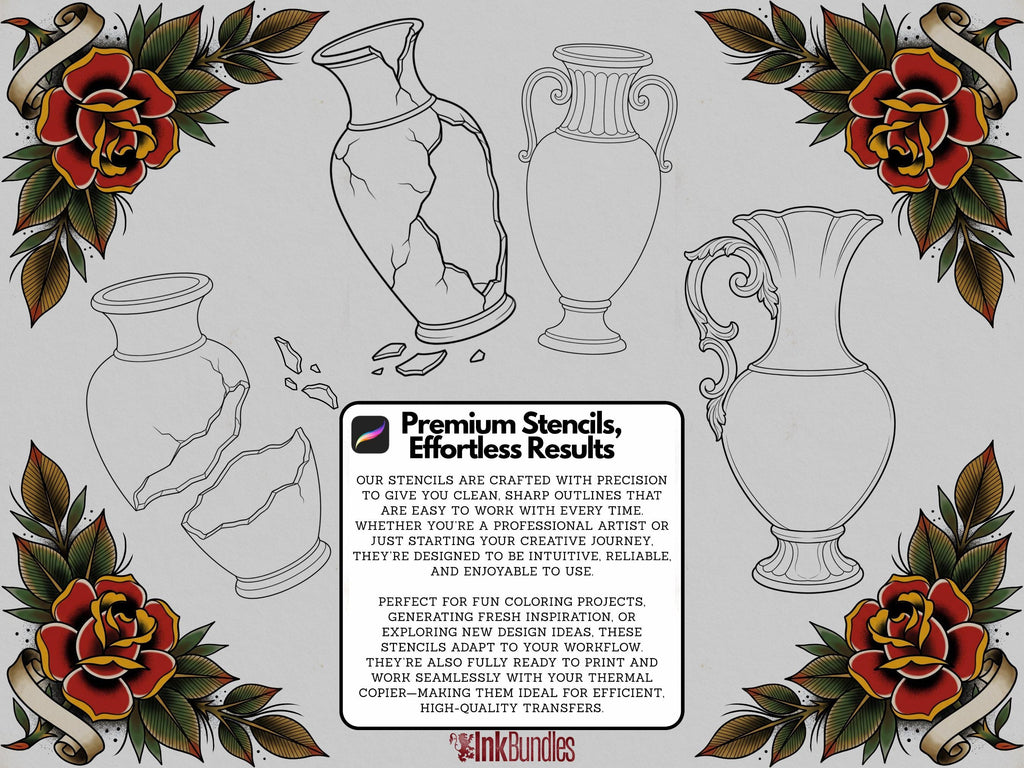 Procreate tattoo art, 35 vases drawn by hand ~ ready made tattoo templates