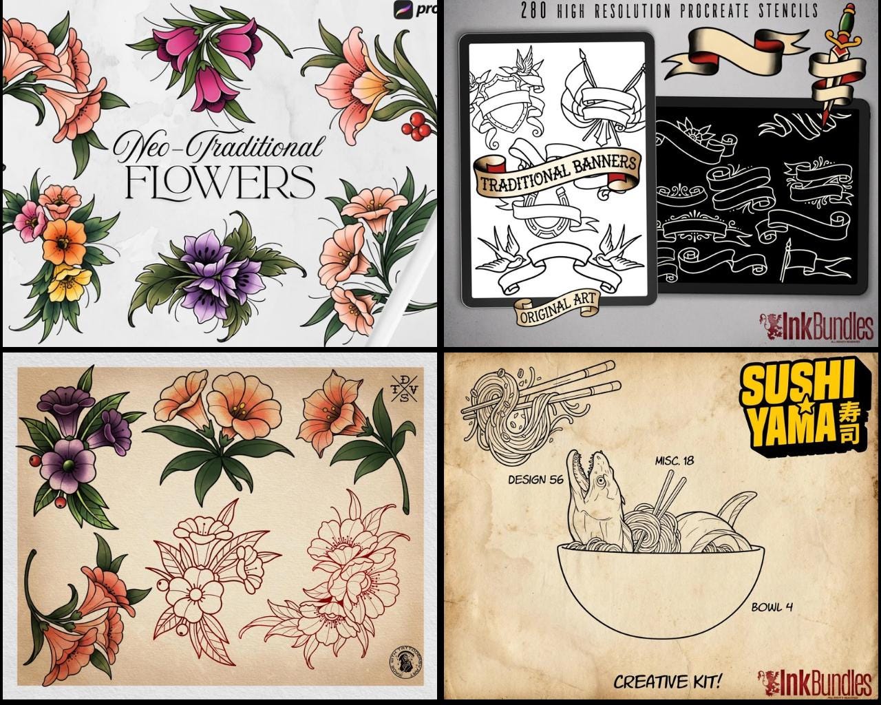 Procreate Tattoo collection 2025 | high resolution stencils | Creative Original Tattoo Stamp Brushes