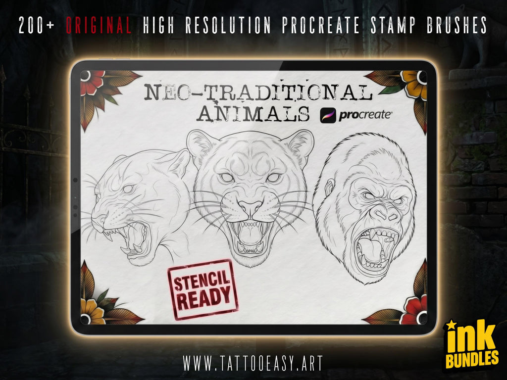 Procreate Neo Traditional Animal Tattoo Design Reference Kit, Brushset & PNG, original stencils