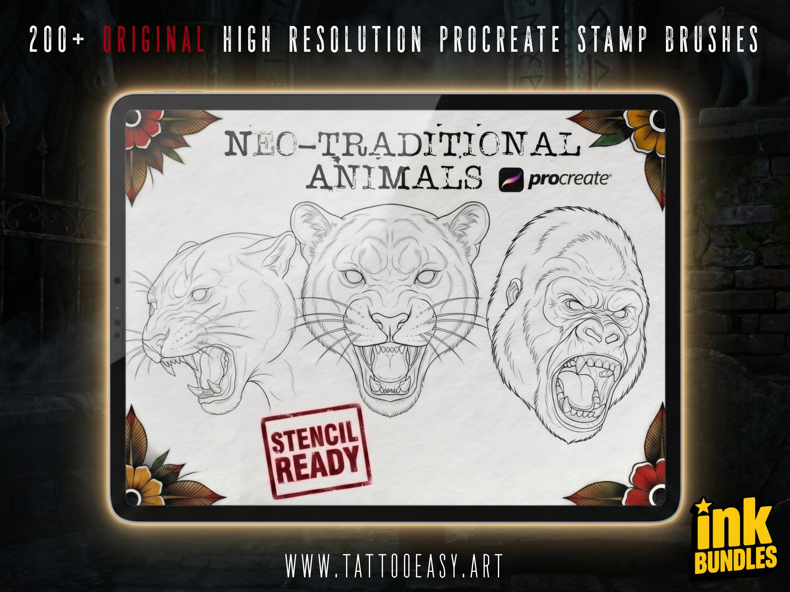 Procreate Neo Traditional Animal Tattoo Design Reference Kit, Brushset & PNG, original stencils