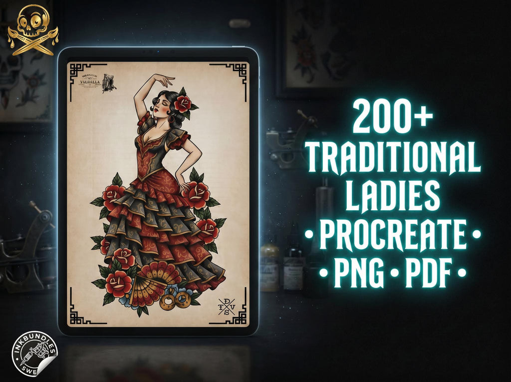 200+ Traditional Tattoo Ladies for Procreate | Old School Flash Stencils, Trad Girls Bundle