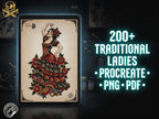 200+ Traditional Tattoo Ladies for Procreate | Old School Flash Stencils, Trad Girls Bundle