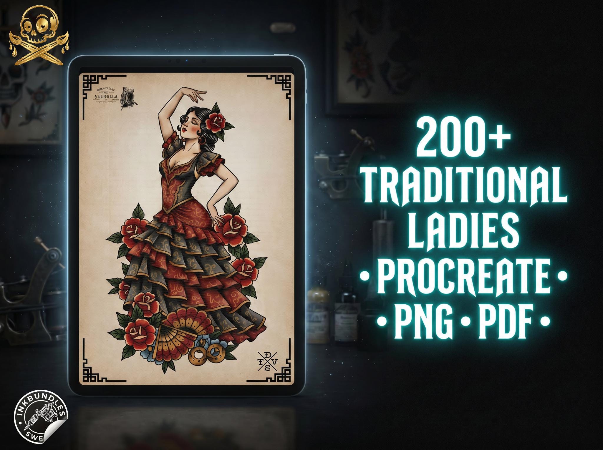200+ Traditional Tattoo Ladies for Procreate | Old School Flash Stencils, Trad Girls Bundle