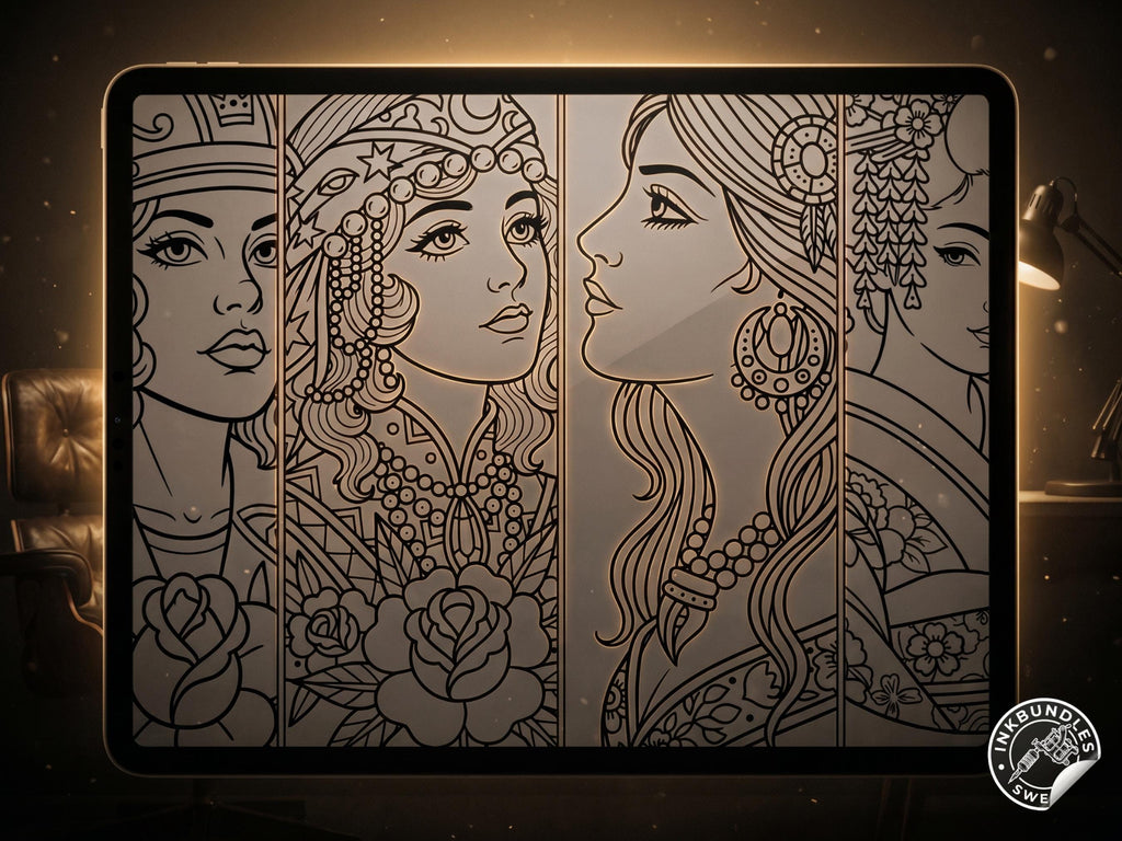 200+ Traditional Tattoo Ladies for Procreate | Old School Flash Stencils, Trad Girls Bundle