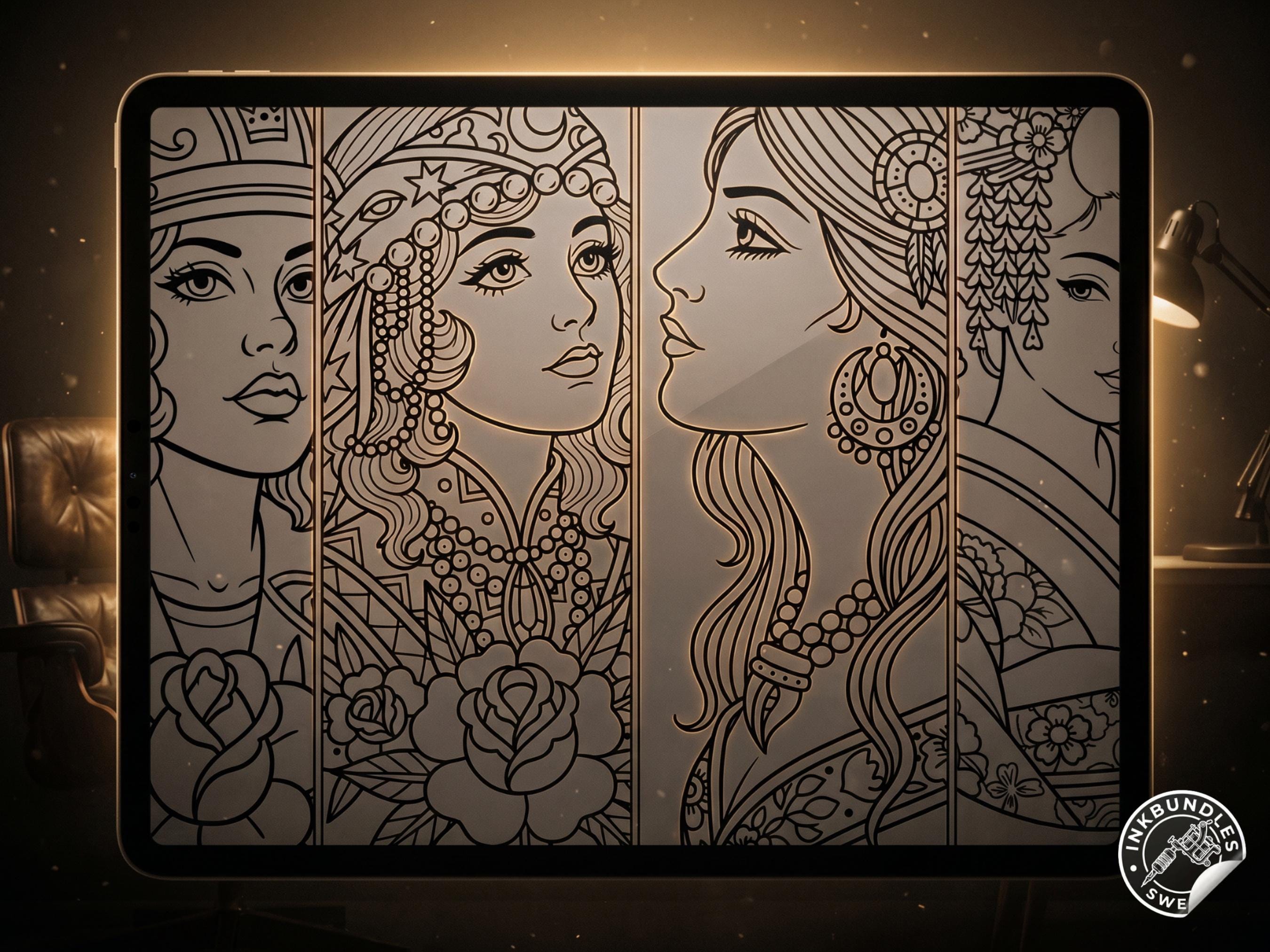 200+ Traditional Tattoo Ladies for Procreate | Old School Flash Stencils, Trad Girls Bundle