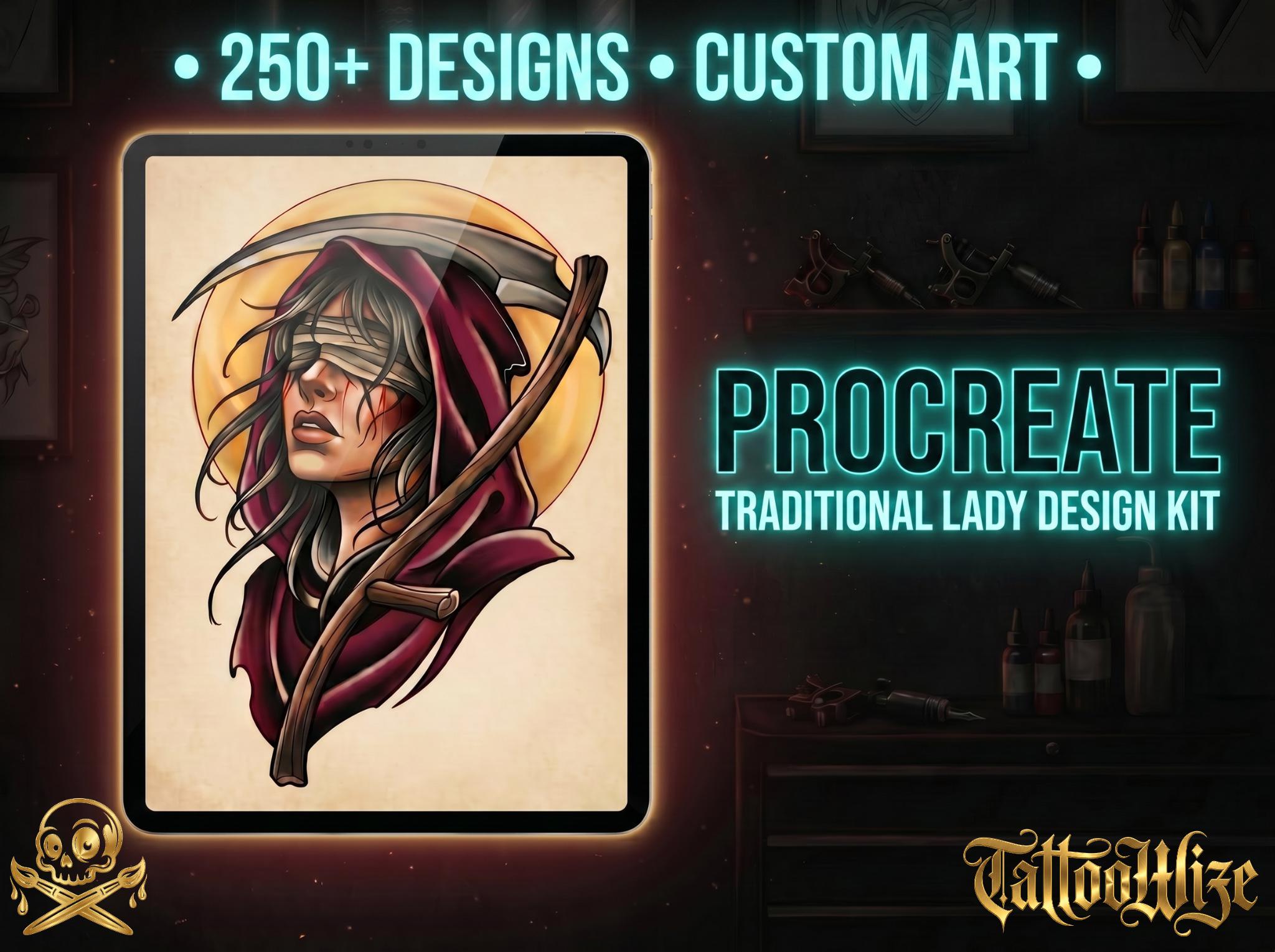 250+ Traditional Tattoo Lady Creator for Procreate | Old School Flash Stencils, DIY Assets & Brushset