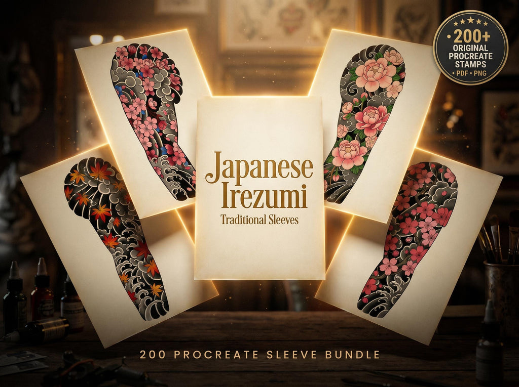 Japanese Traditional Sleeves, 4 irezumi bundles, sleeve stencils, Pdf, png & Procreate design bundle