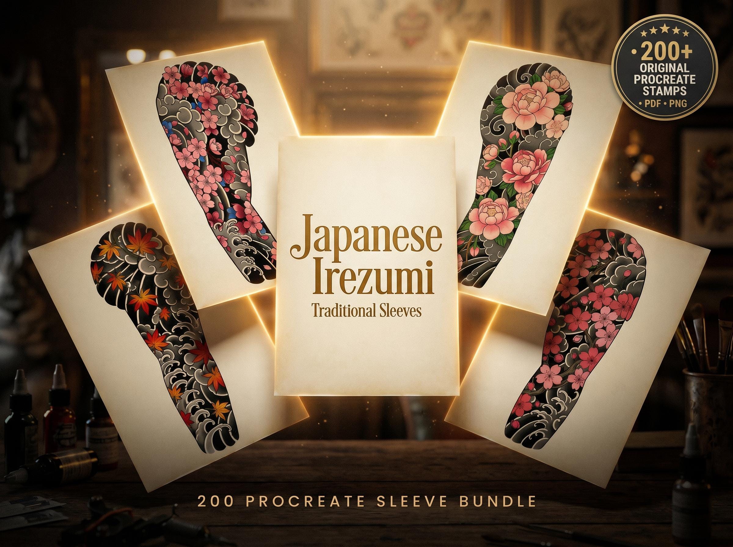 Japanese Traditional Sleeves, 4 irezumi bundles, sleeve stencils, Pdf, png & Procreate design bundle