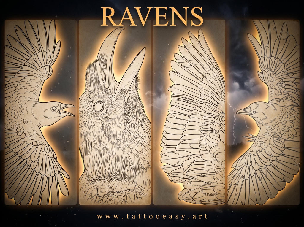 Raven Procreate Brushes, Bird Tattoo Stencils, 60+ Stamps Digital Download