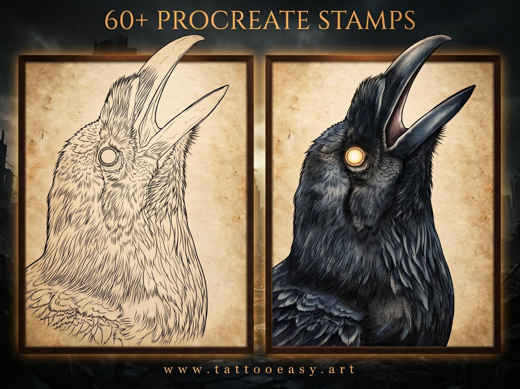 Raven Procreate Brushes, Bird Tattoo Stencils, 60+ Stamps Digital Download