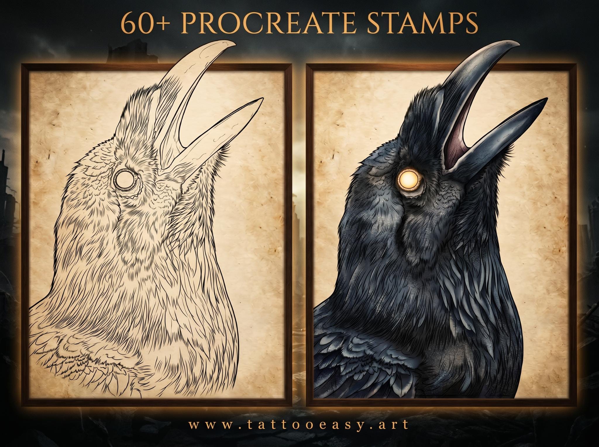 Raven Procreate Brushes, Bird Tattoo Stencils, 80+ Stamps Digital Download
