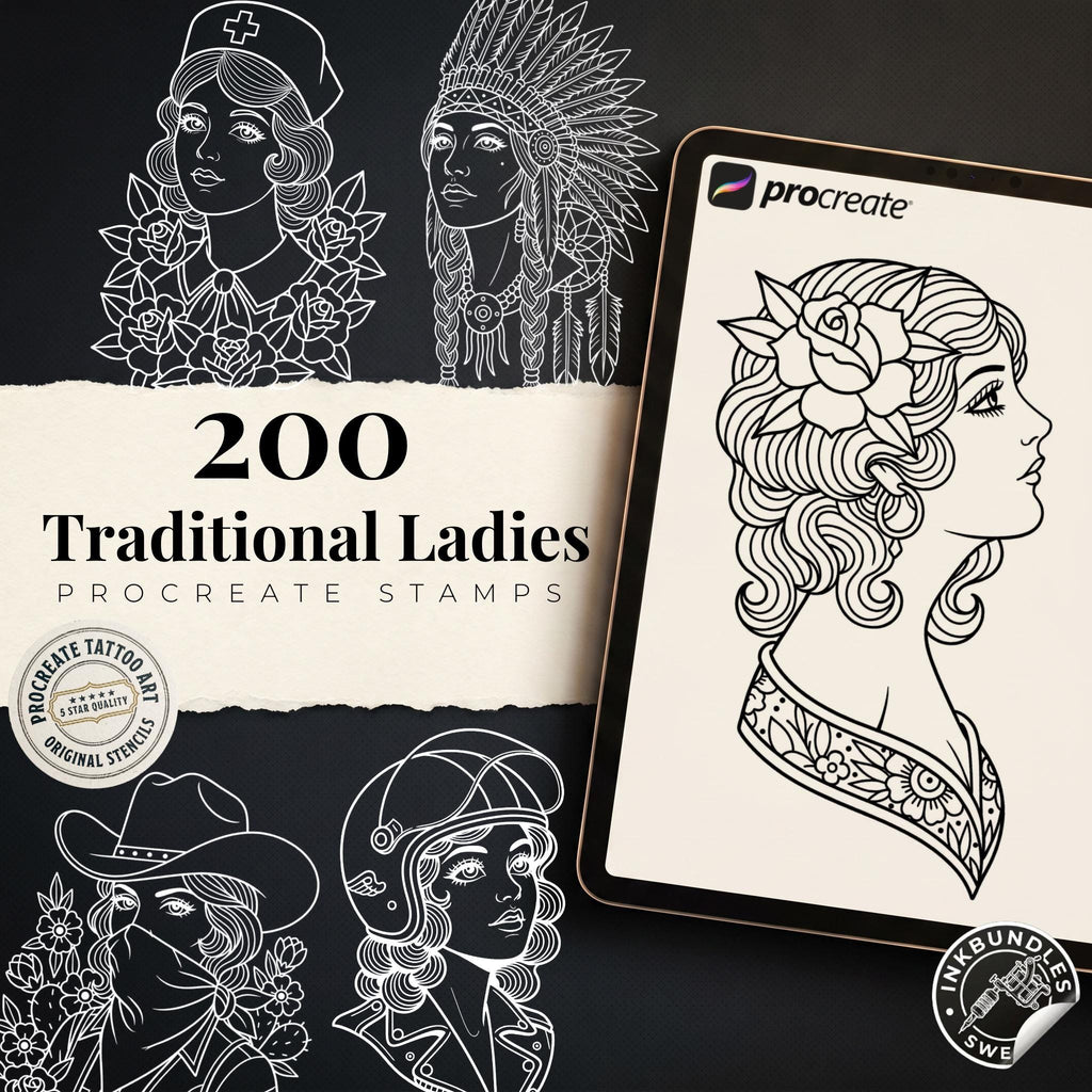 200+ Traditional Tattoo Ladies for Procreate | Old School Flash Stencils, Trad Girls Bundle