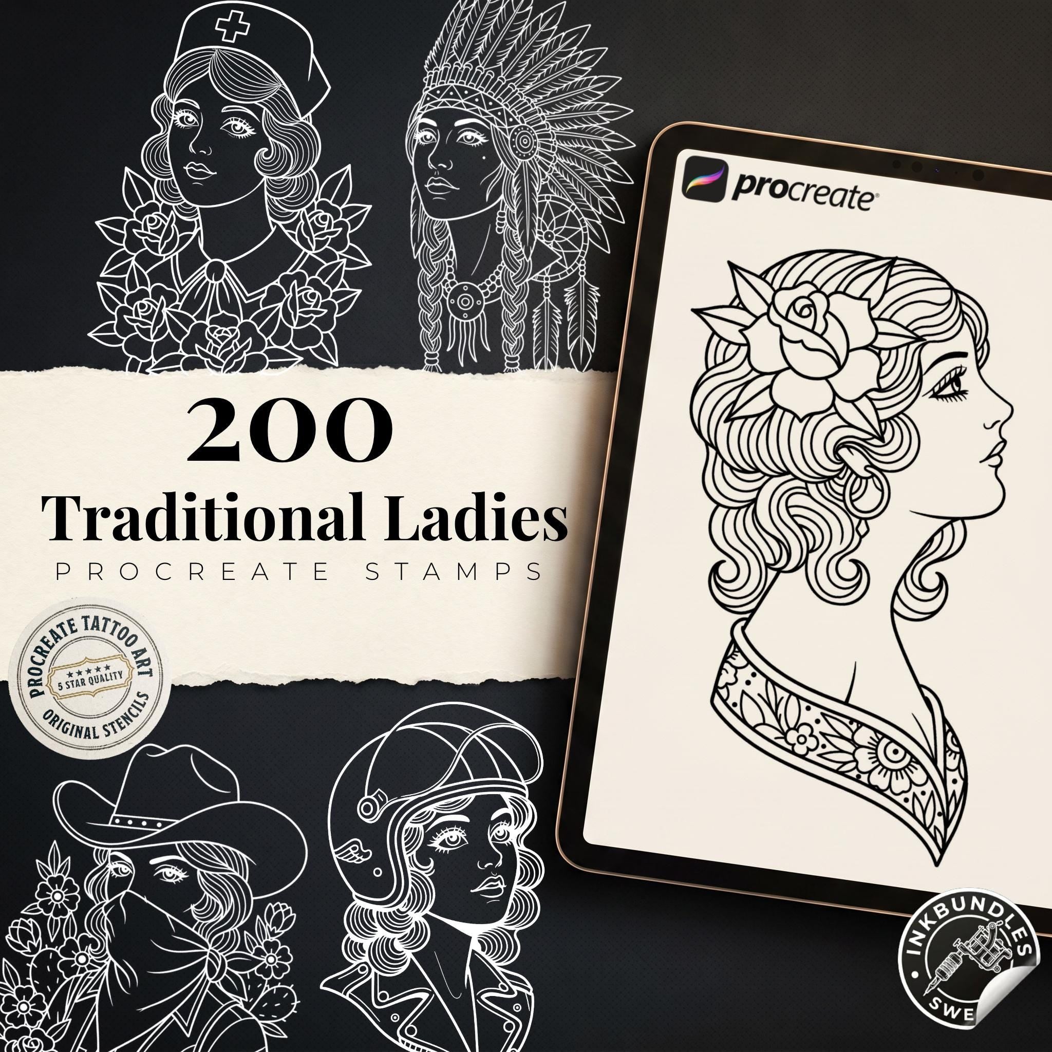 200+ Traditional Tattoo Ladies for Procreate | Old School Flash Stencils, Trad Girls Bundle