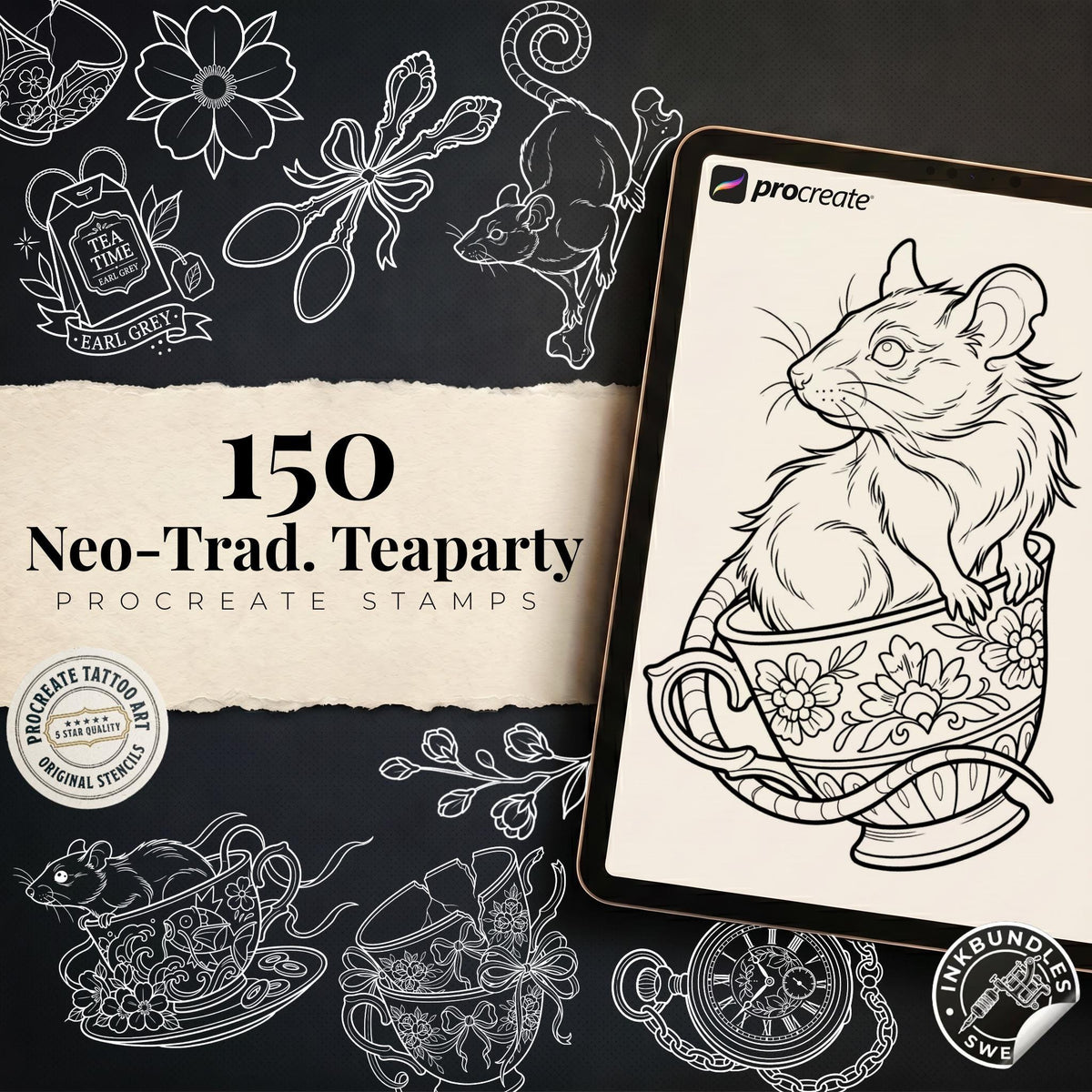 Tea Party Tattoo Stencils – Procreate Stamps