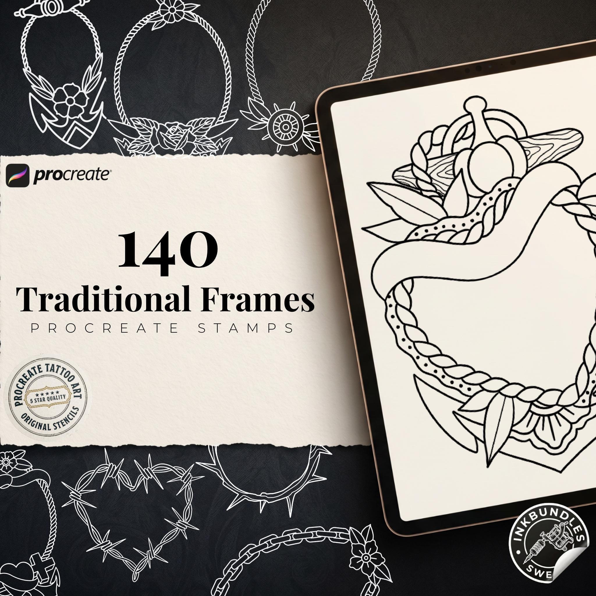 Procreate, Tattoo Frame kit ~ 140+ elements