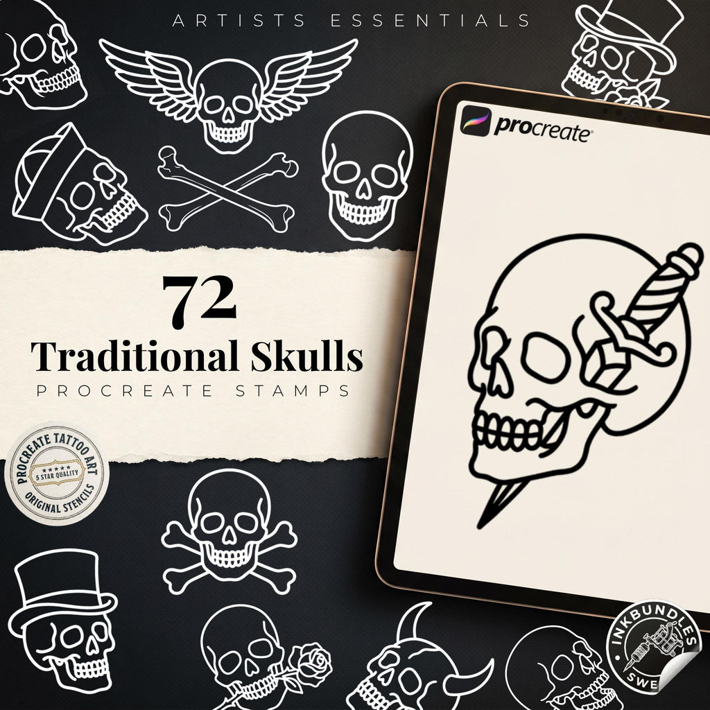Procreate Traditional Skulls, 72 Old school Stencils / References / Skull studies