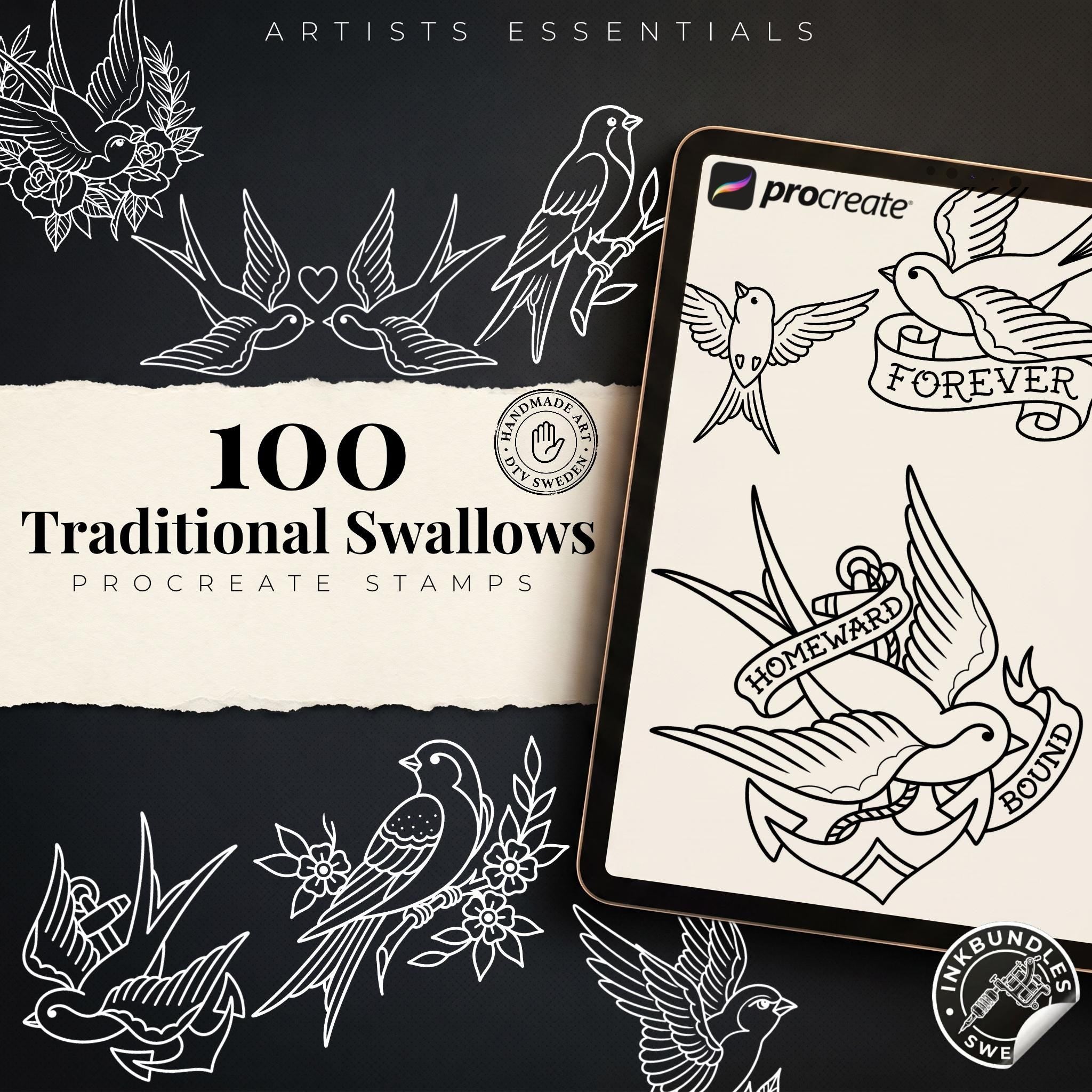 Traditional Swallows Tattoo Design kit - Procreate | 100+ Classic Swallow Tattoos, Old School Stencils