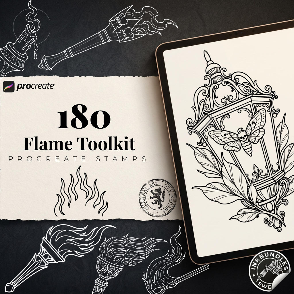 Fire & Torch Tattoo Toolkit, Flame, Lamp PNG Procreate Bundle, Tattoo Flash Brushset for Artists