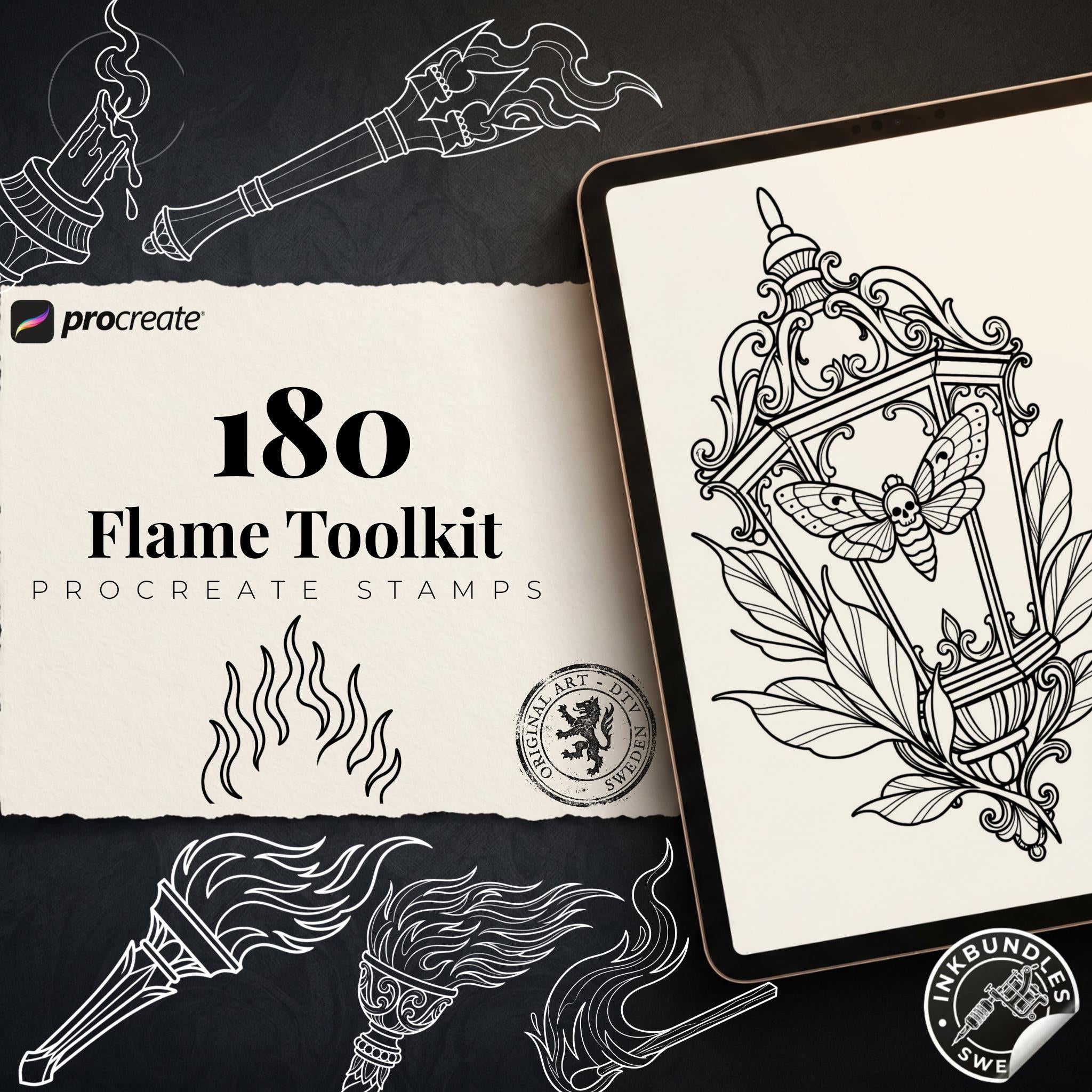 Fire & Torch Tattoo Toolkit, Flame, Lamp PNG Procreate Bundle, Tattoo Flash Brushset for Artists