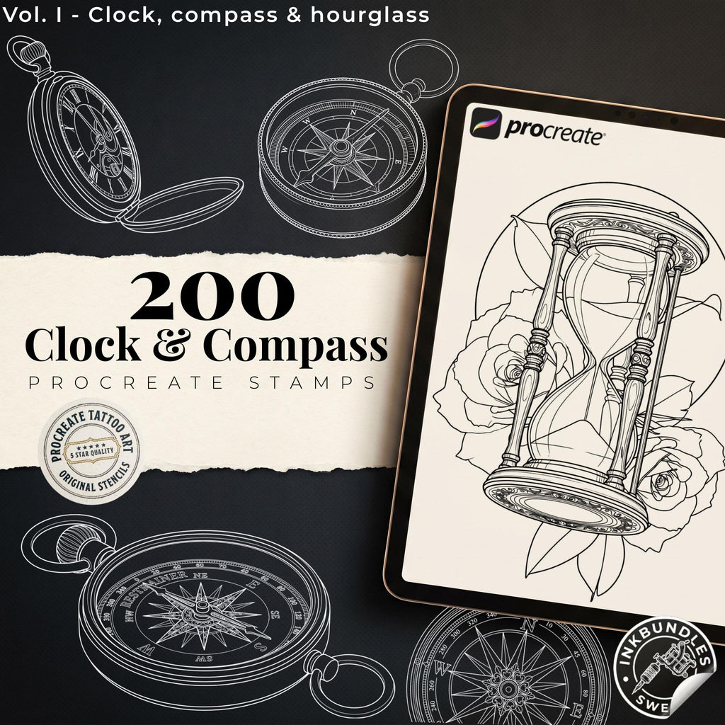 Clock Compass Procreate Brushes, Pocket Watch Tattoo Stencils, Timepiece Stamps Digital Download