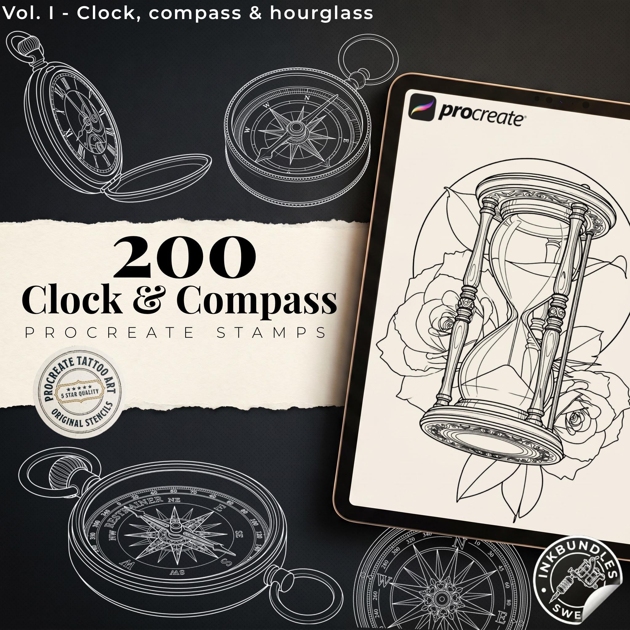 Clock Compass Procreate Brushes, Pocket Watch Tattoo Stencils, Timepiece Stamps Digital Download